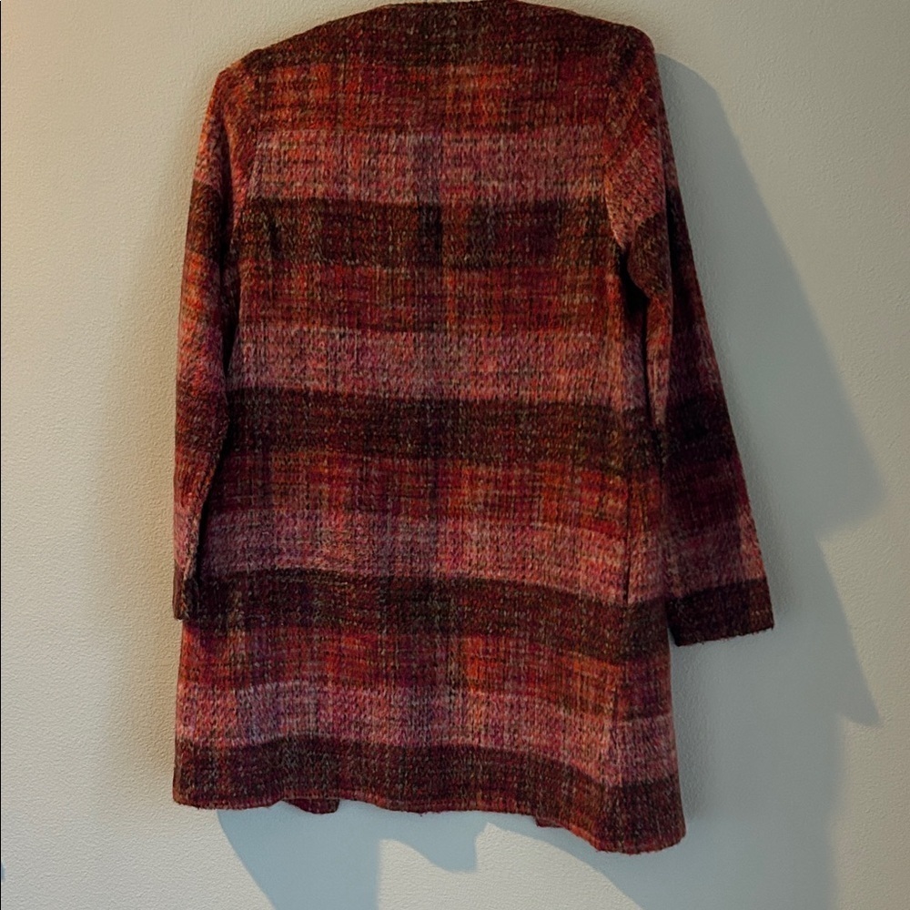 Christian Soriano Red and Brown Plaid open front coat. pockets. - Picture 3 of 6